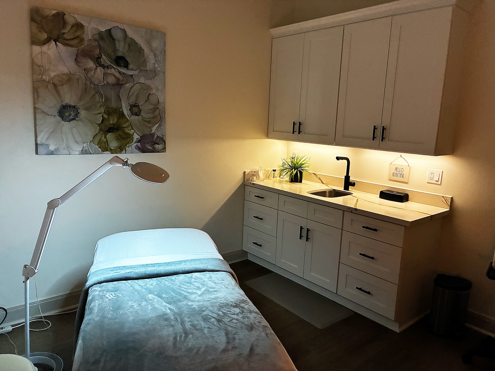 Esthetics treatment room at Hello Beautiful with a facial bed and steamer